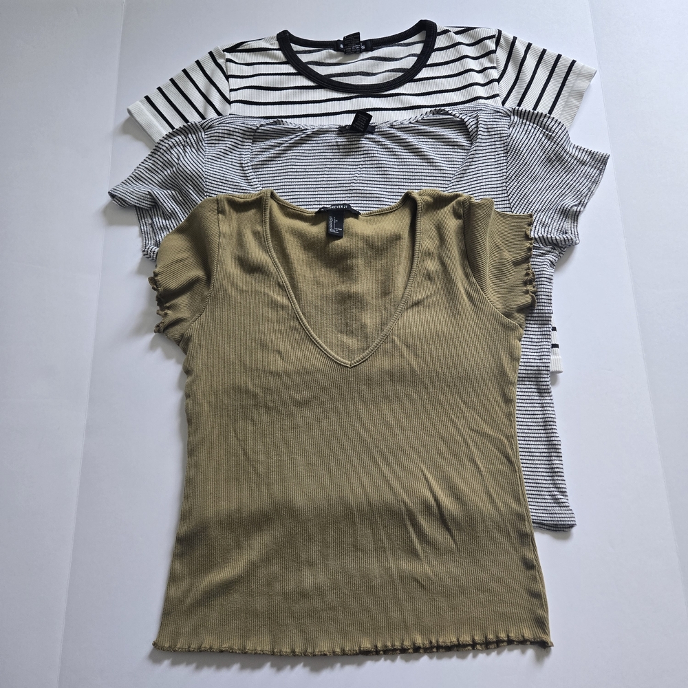 Lot of 3 Forever 21 & Sugarkiss Ribbed Short Sleeve Crop Tops Size L Cotagecore